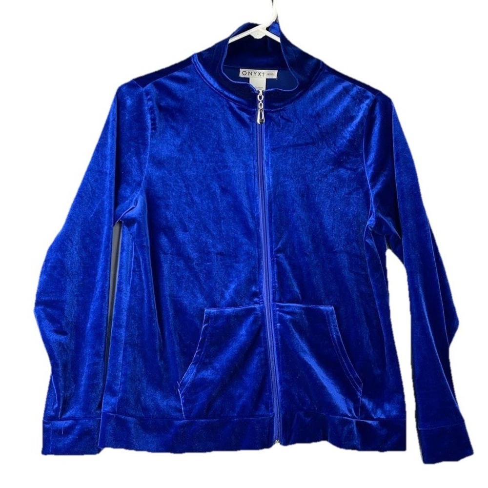 Women's Onyx Cobalt Royal Blue Plush Velour Velvet Full-Zip Track  Jacket Sz SP